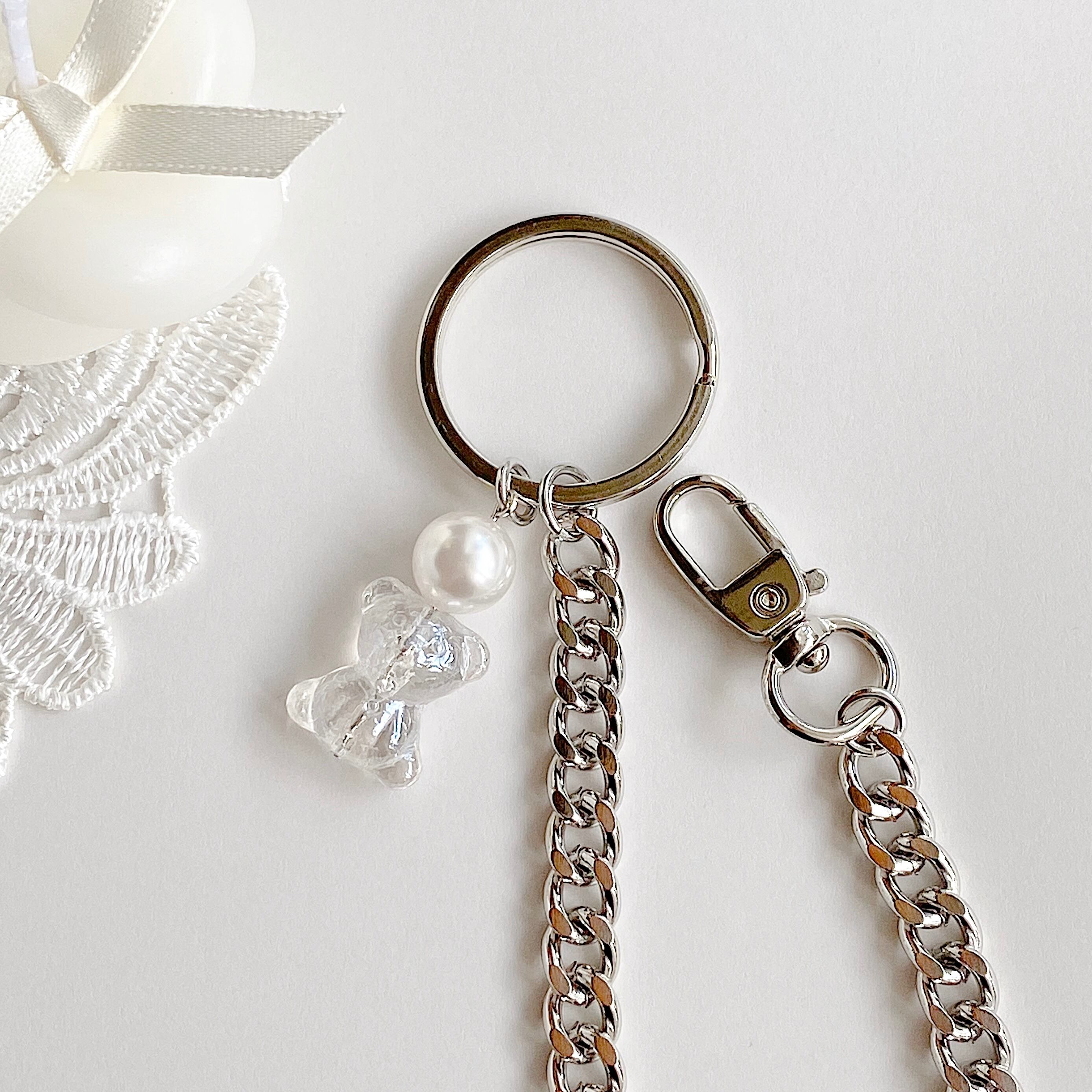 チェコガラスビーズ×パール チェーンキーホルダー / バッグチャーム