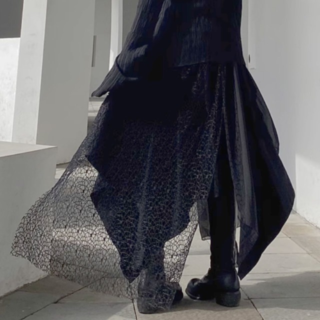 Asymmetrical lace design flare long skirt C1010