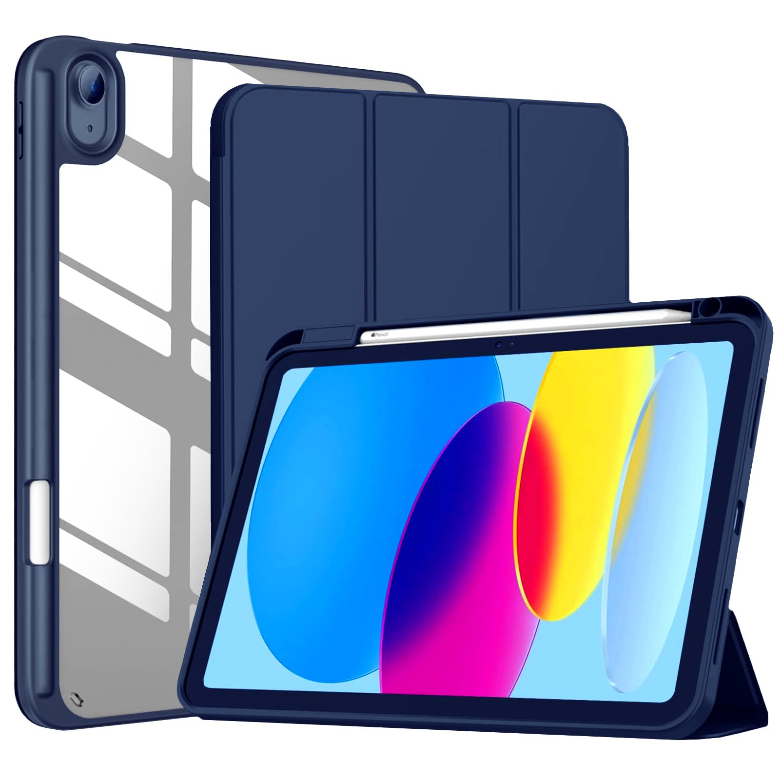iPad 11世代/10世代 ケース iPad(A16)11インチ 2025/10.9インチ 2022通用 A2696 A2757 A2777 ペン収納 耐衝撃 三つ折り シリコン スマートカバー(ネイビー)