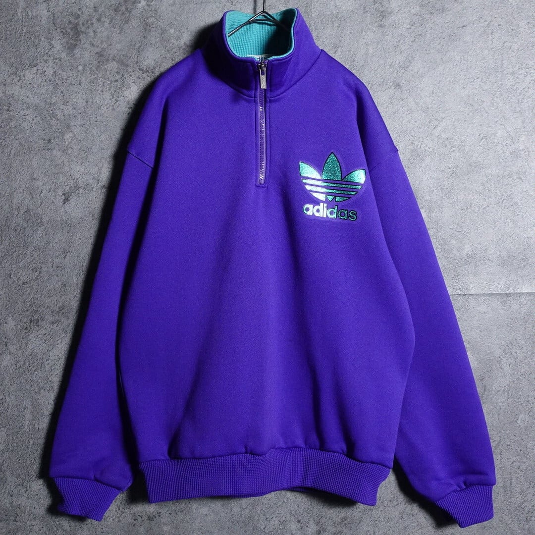 80s “adidas" purple Trefoil logo print half zip sweat
