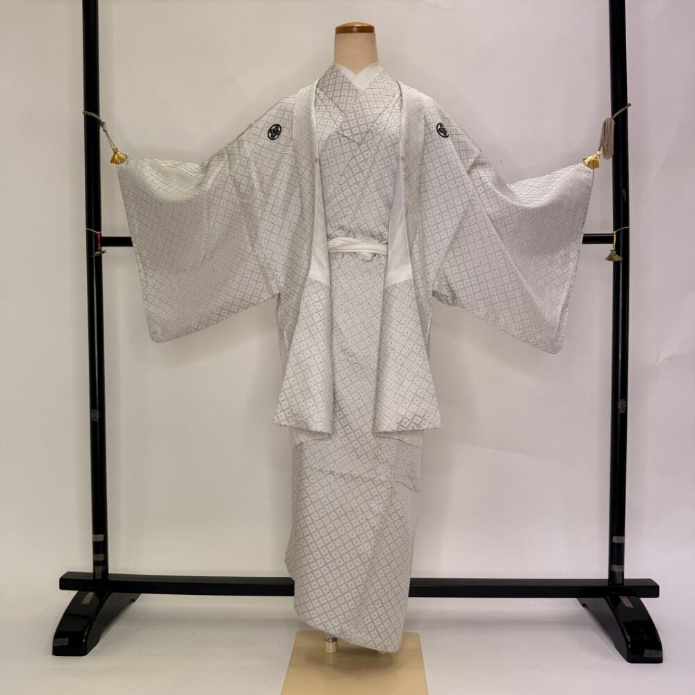 男紋付 男着物 紋付 ポリエステル 羽織 長着 裄66.3cm S size 白黒 五つ紋 中古 成人式 舞台衣装 6366