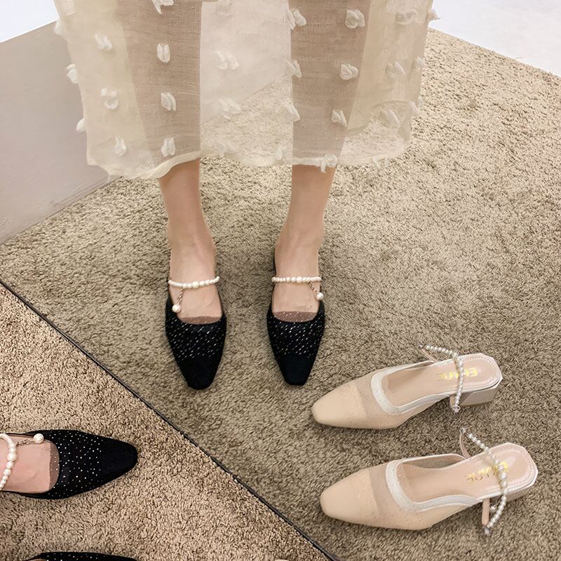 サマーレッドパールスタイルサンダルミュール 靴 シューズ 夏物 真珠 フェイクシューズ8506299176