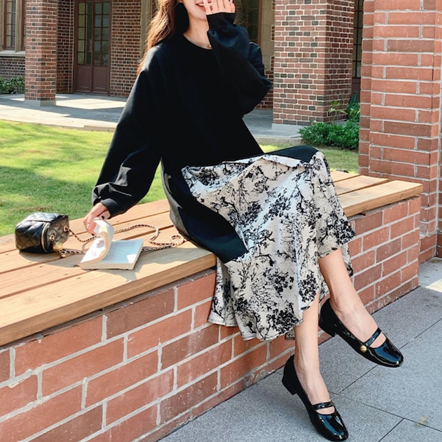 花柄切替フレアAラインワンピース　11223