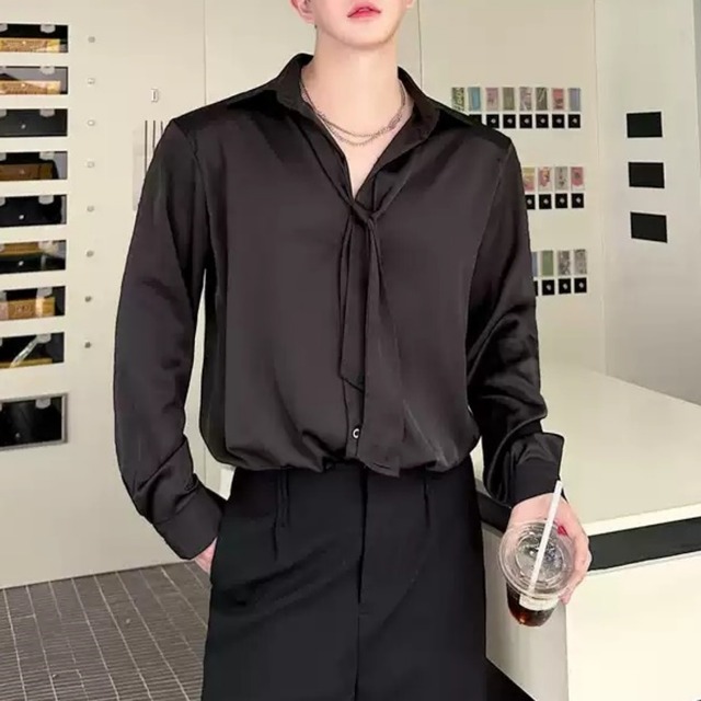 ボウタイ付き ドレープ光沢シャツ 2カラー D11220