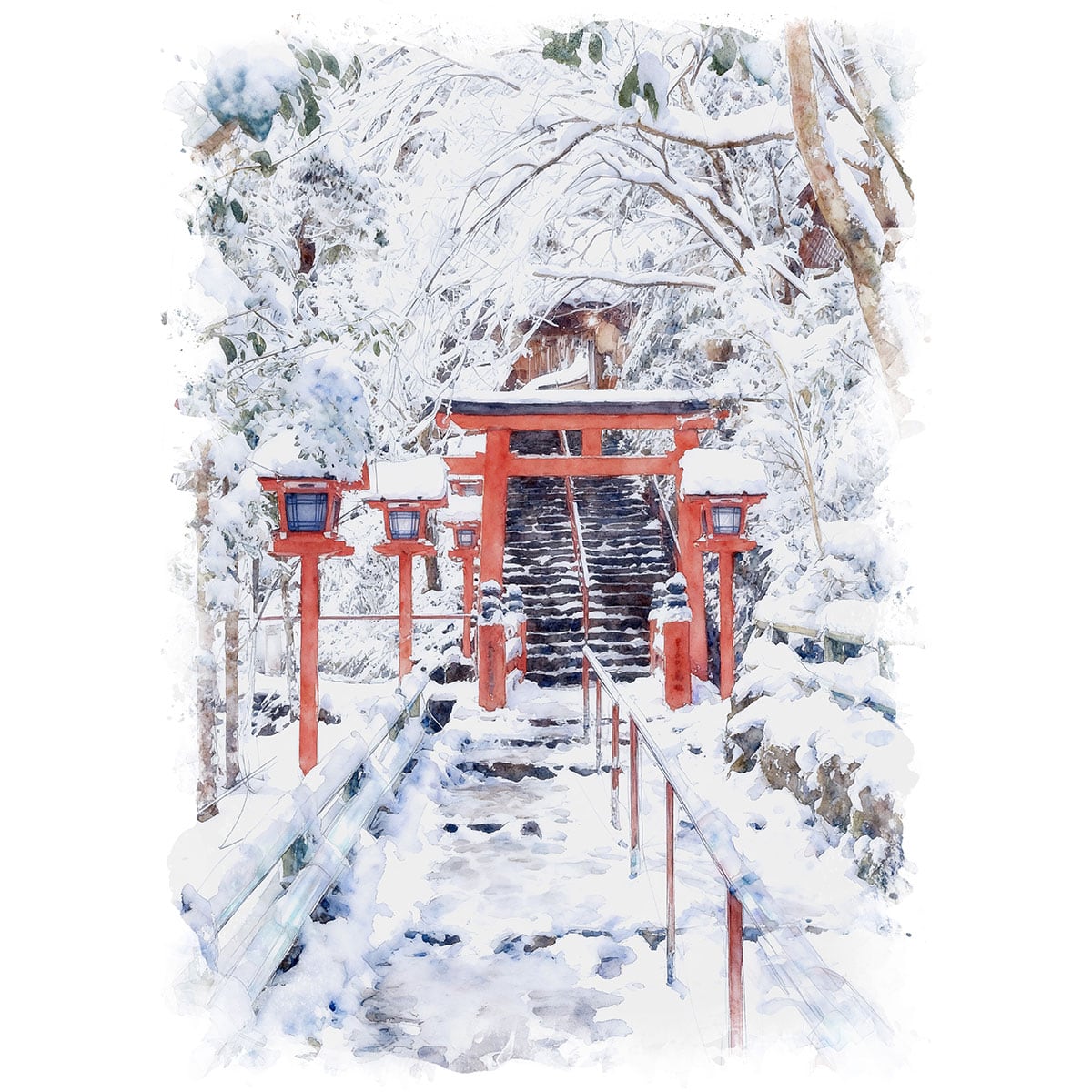 絵画(風景画) 日本 冬の京都 雪の貴船神社 インテリアアート額付き
