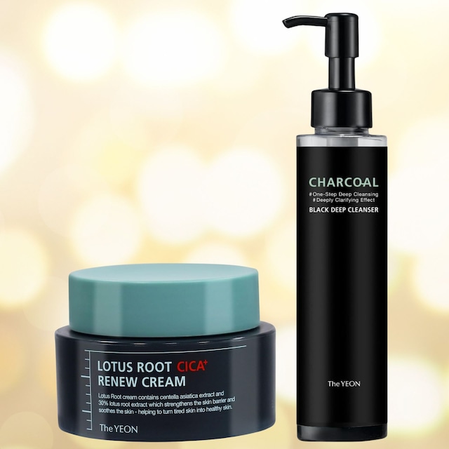 【レンコン×炭の力で弱ったお肌を整え潤う】2点セット / LRC リニュークリーム チャコールブラックディープクレンザー / The YEON ザヨン 韓国 コスメ 正規品 フェイスクリーム ムチン CICA シカ ヒアルロン酸 セラミド 鎮静 整肌 うるおう 保湿 スキンケア 美容 洗顔フォーム クレンジング メイク落とし 泡 毛穴 黒ずみ 角質 炭配合 オイル W洗顔不要 敏感肌 ゆらぎ トラブル肌 もっちり 美肌 ハリ 弾力 透明感 対策 レディース メンズ 保湿クリーム