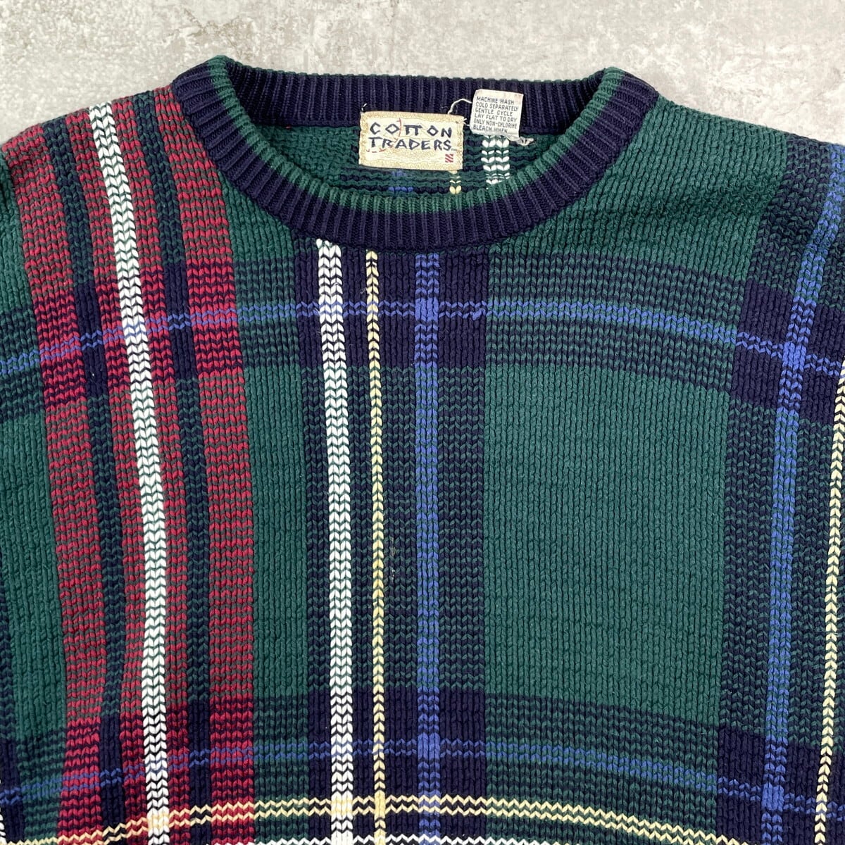 メンズ 90年代 COTTON TRADERS 3Dニット チェック柄 コットンニット