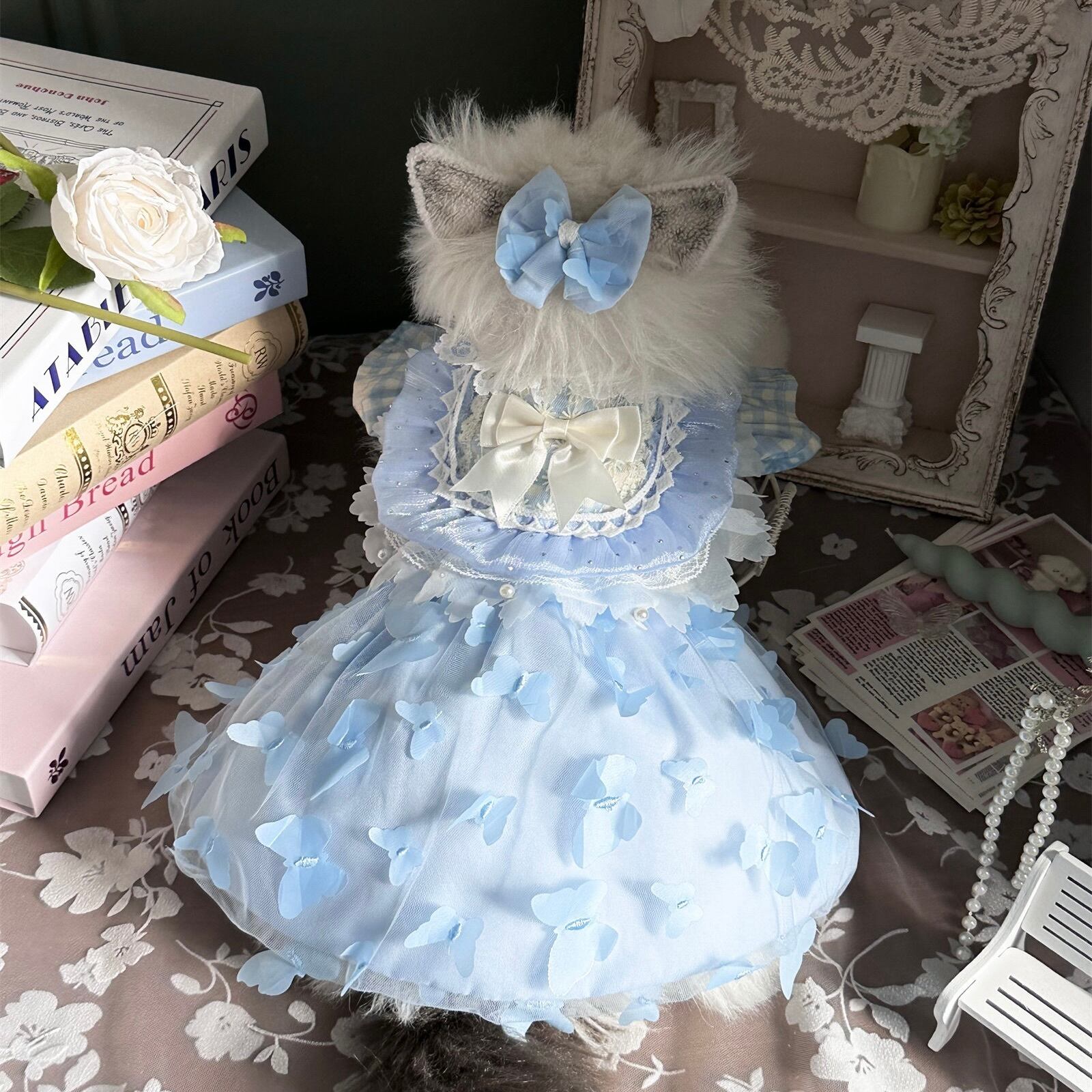 バタフライブループリンセスドレス&リボンセット 00966