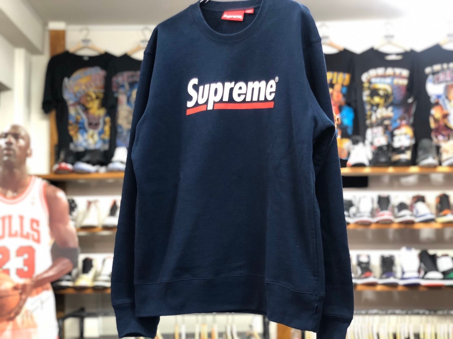 SUPREME UNDERLINE CREWNECK NAVY MEDIUM 5989 | BRAND BUYERS OSAKA