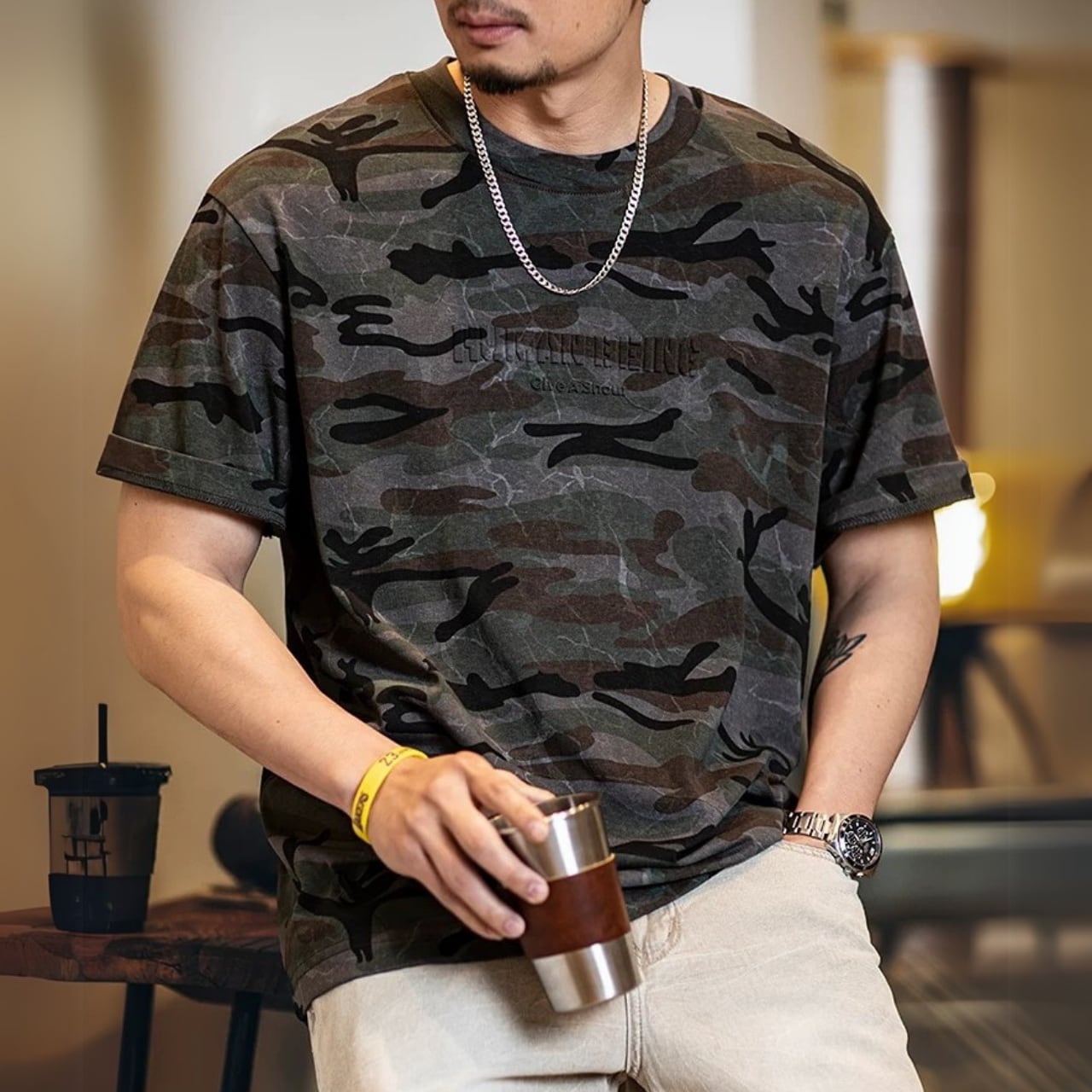 カモフラージュ柄 クルーネック Tシャツ 00406