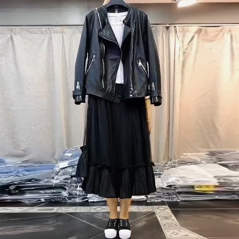 オータムメッシュスカート レザージャケット スタイル 大きめサイズ 秋物 ミックスインファッション92953352896