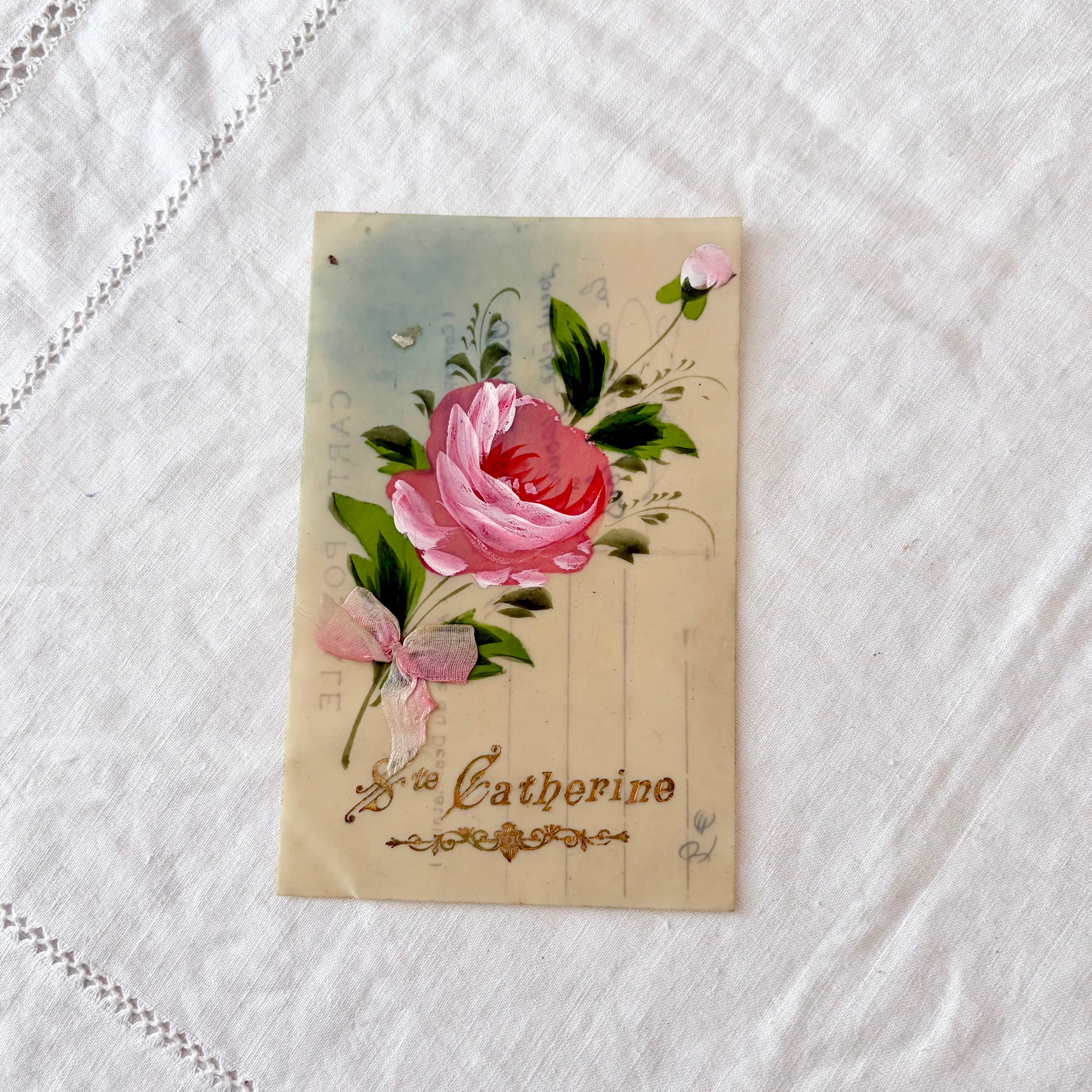 フランスアンティーク セルロイド ポストカード | ピンク薔薇のブーケ