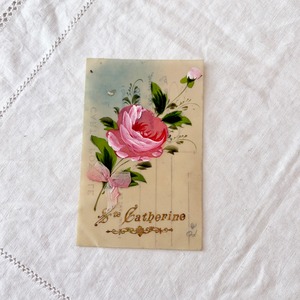 フランスアンティーク セルロイド ポストカード | ピンク薔薇のブーケ ハンドペイント | 1910⁻40年代（G004）
