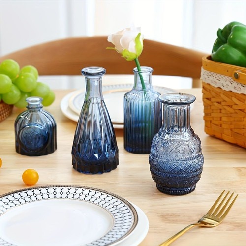 花瓶14個セット 青の花瓶 ブルーの花瓶 ヴィンテージクリアガラスの花瓶 ホームテーブルの装飾 センターピース用 小さな花瓶 シンプルなウェディングデコレーション マルチサイズ ミニビンテージガラスベース