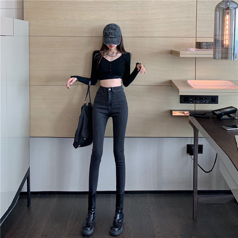 ストレッチタイトフィットオールマッチジーンズ女性の2020年秋新しいハイウエストスリムパンツ黒のペンシルパンツ、小さな足 ブラックストロベリース4708259666