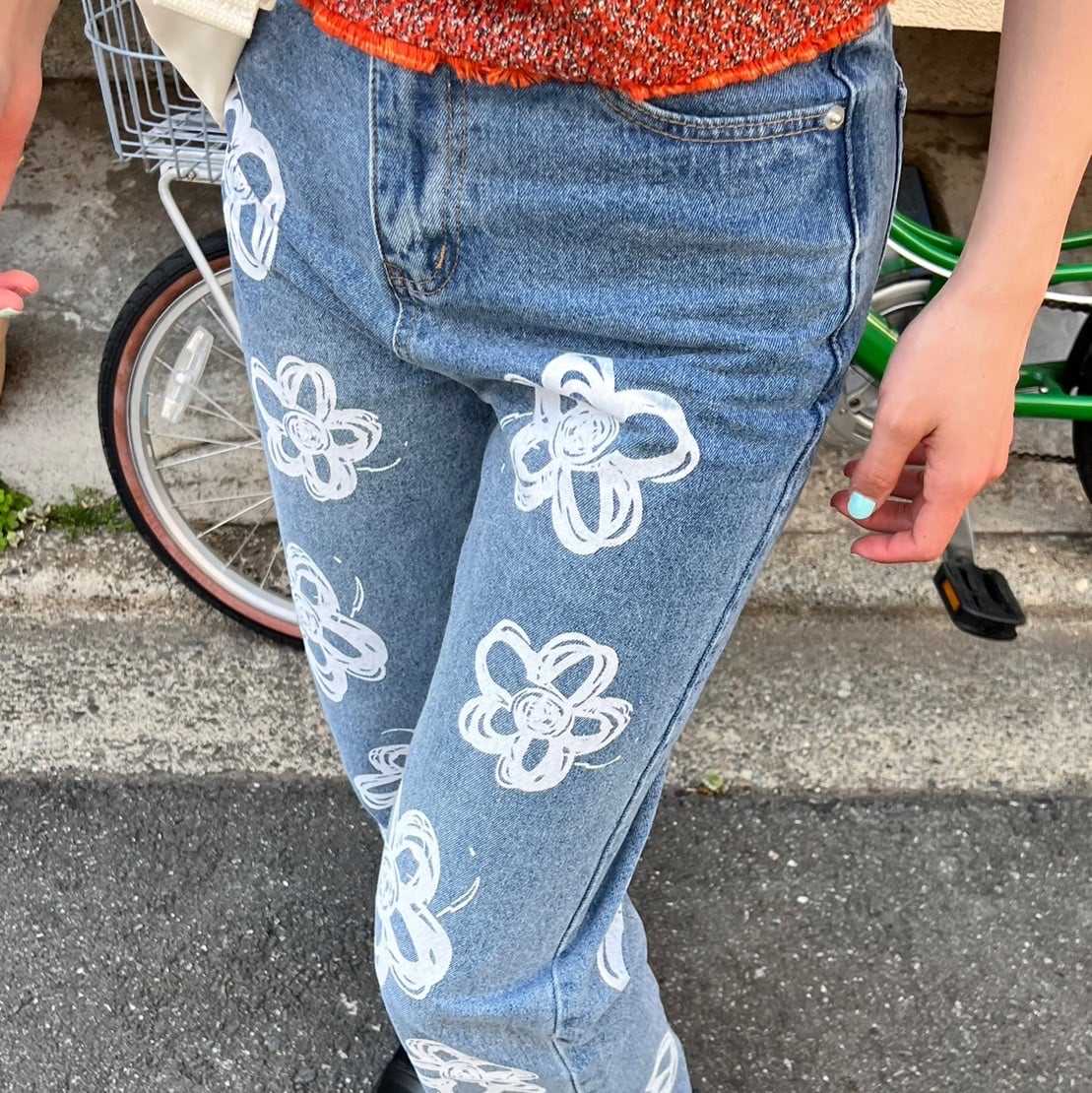 フラワーペイントハイウエストデニム_LN02141