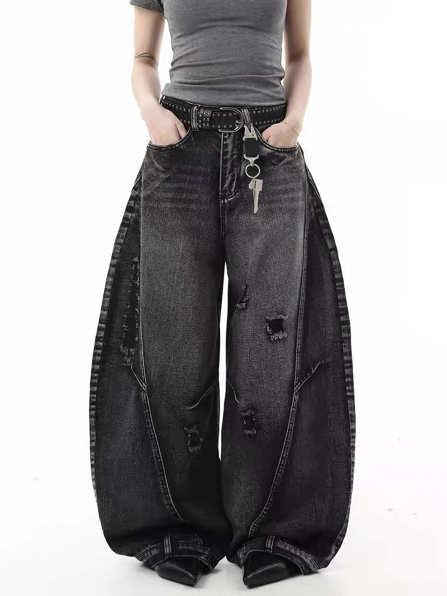 なは様Y2Kグランジ ギミックロングデニム ダメージバギーデニム ストリート Y2K グランジ | 韓国系ユニセックス