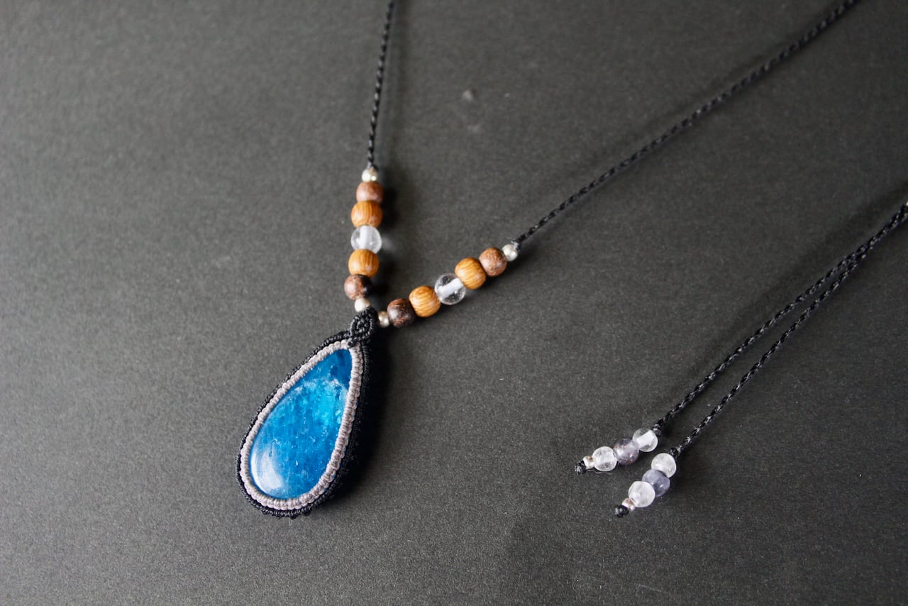 Blue Apatite  micro macrame woody pendant