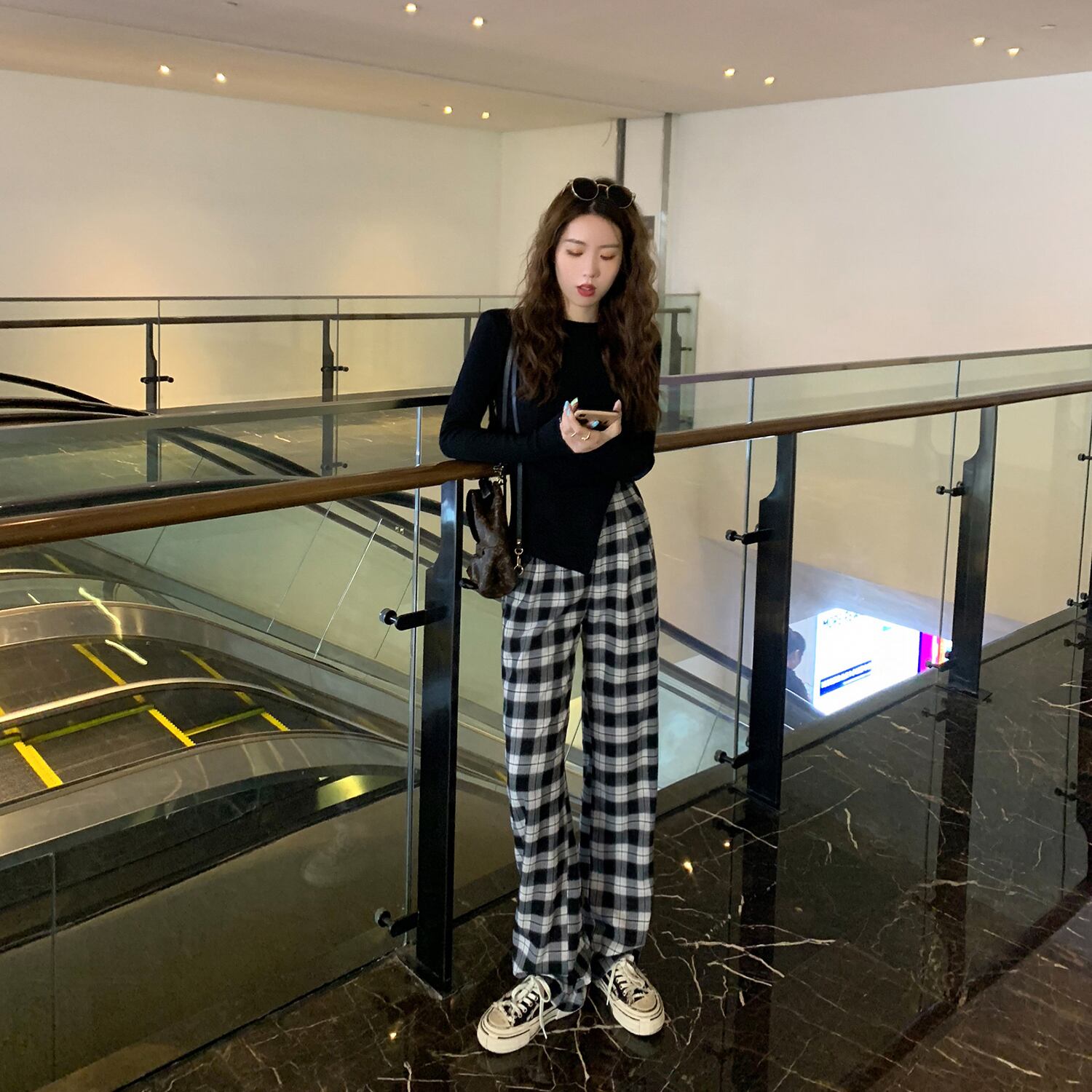 ウェストワイドレッグ格子柄パンツ レディーススプリングサマースタンダードルーズカジュアル レトロ 春物 夏物 ワイドパンツ 6Du_Shop_Women55197391047