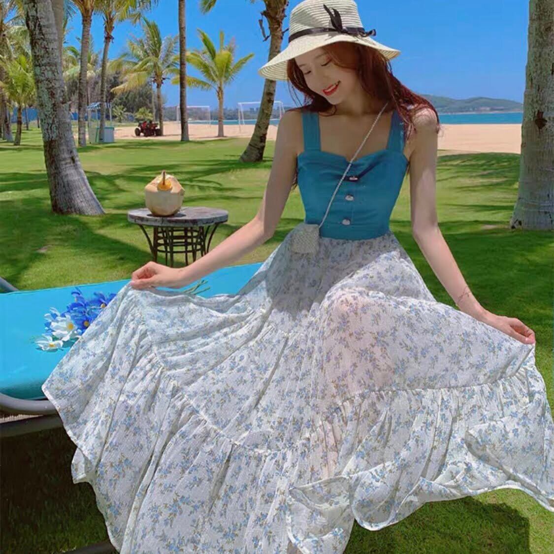 デニムトップス×花柄シフォンスカートドッキングワンピース | LILIANA