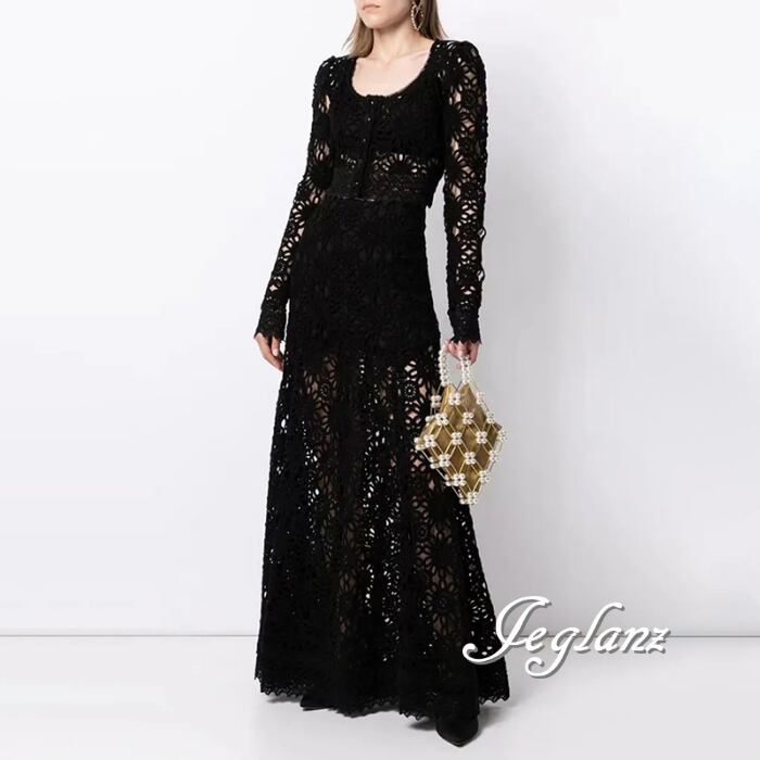 セットアップ 2点 クロシェ編み クロップド丈 カーディガン マキシ スカート 2色(M5932)ζ