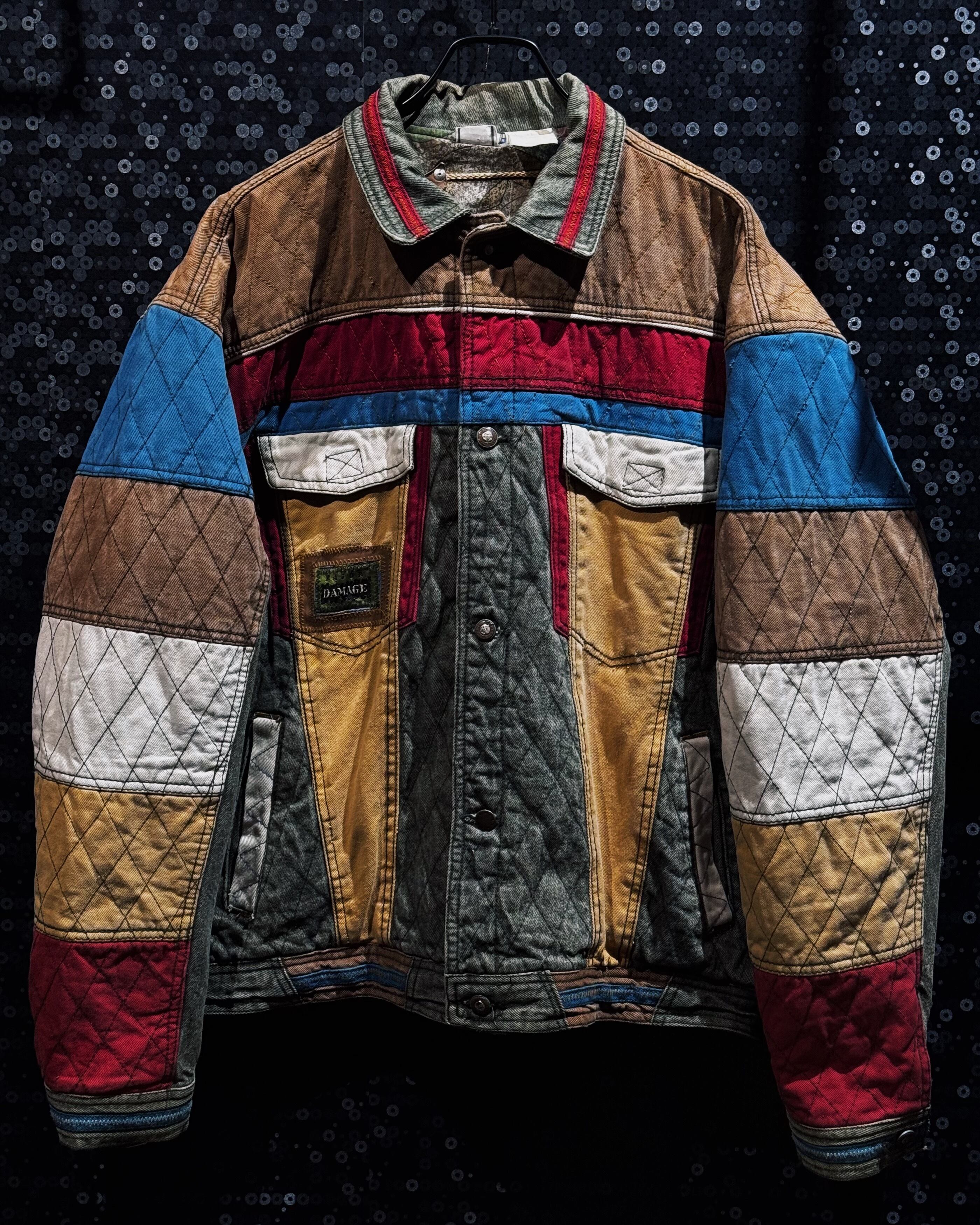 【ÆIEM】“DAMAGE” vintage Multi Color Patchwork Quilted Denim Trucker Jacket