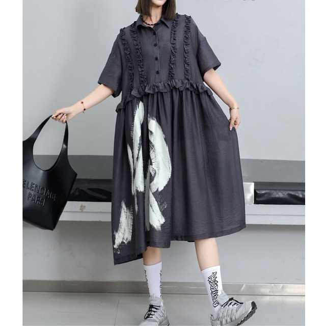 アート風プリント×フリル切替シャツワンピース  ◆2col R01517