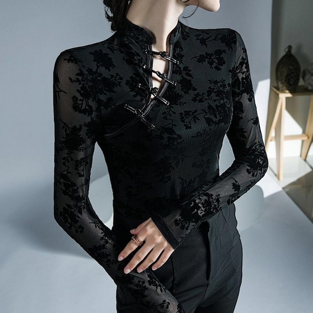 Vネック フラワーデザイン ダンストップス ds0341