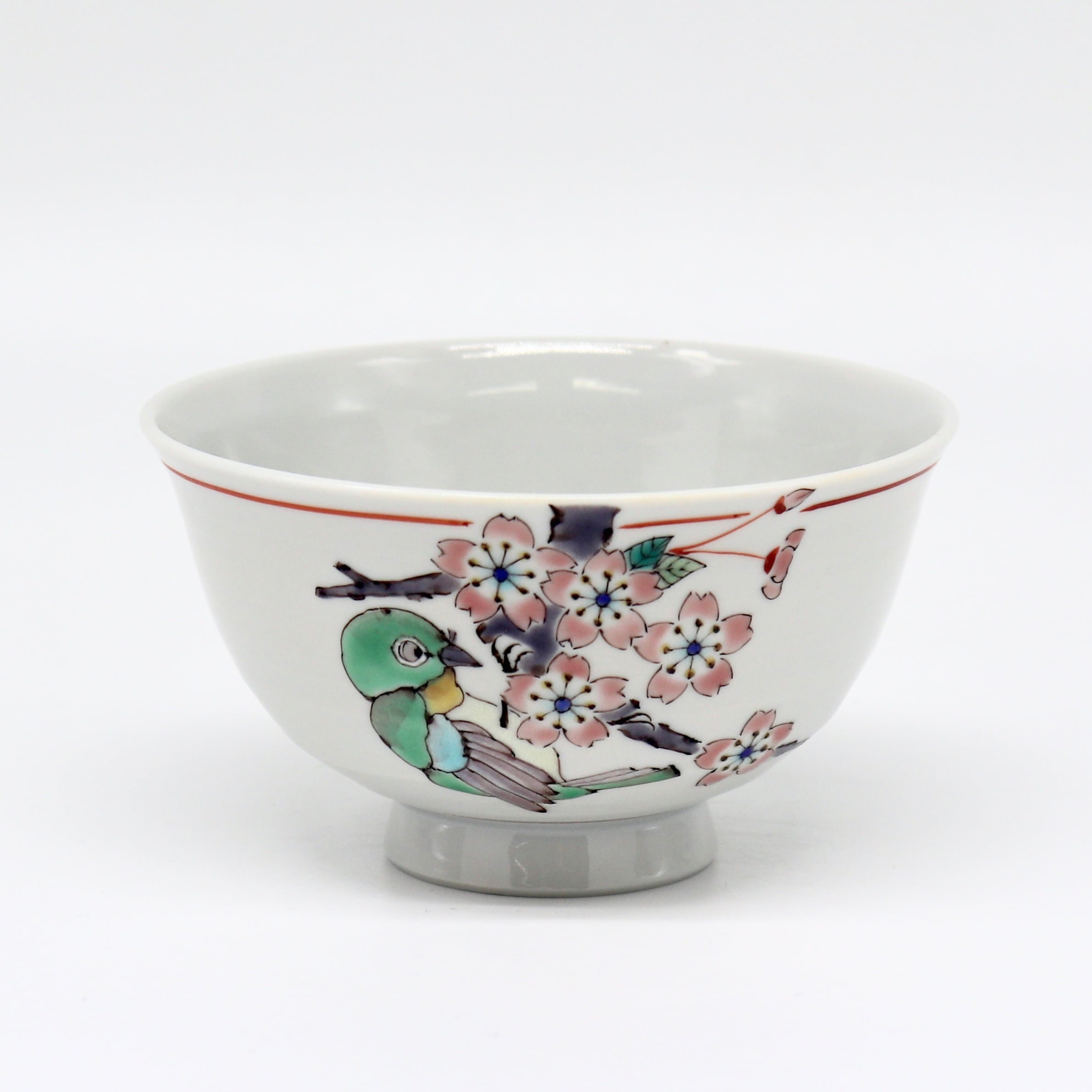 花と鳥の絵柄　陶器　木製パーテーション 九谷焼 大志窯】色絵花鳥 飯碗 〜桜に目白〜 | 九谷焼 大志窯
