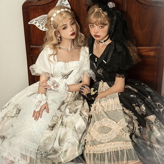 ワンピ 半袖 ゴスロリ butterfly プリント ハイウエスト レトロ ロリィタ フリル レース量産型｜天使と悪魔