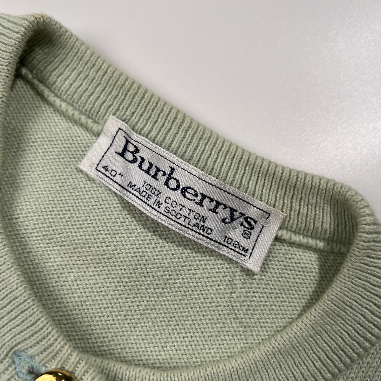 スコットランド製 Burberry バーバリー 金ボタン コットン ニット カーディガン 40 /ビンテージ/レディース/ミントグリーン系