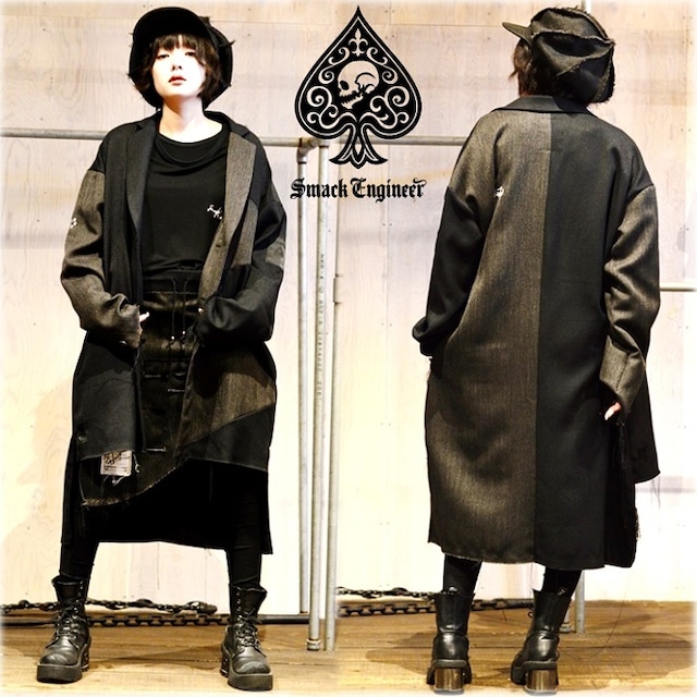 【30%OFF SALE】SMACK ENGINEER / スマックエンジニア「TWIN PEAKS COAT」セミロングコートジャケット バイカラー ヘリンボーン 黒 ブラック チャコール オーバーサイズ ゆるめ 断ち切り スペード スカル ドクロ メンズレディース PUNKROCK パンクロック バンド フェス ステージ衣装 Rogia