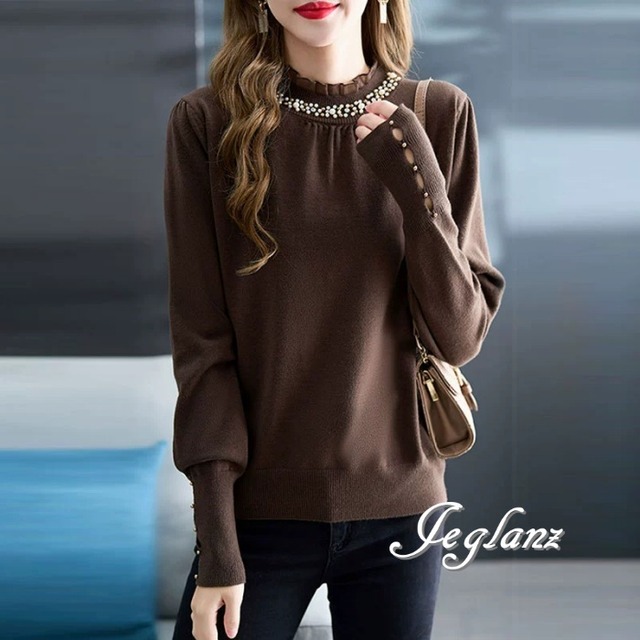 2色 ビジュー付き ニット カットソー 立ち襟 袖ボタン きれいめ（MA803）σ，ς＊