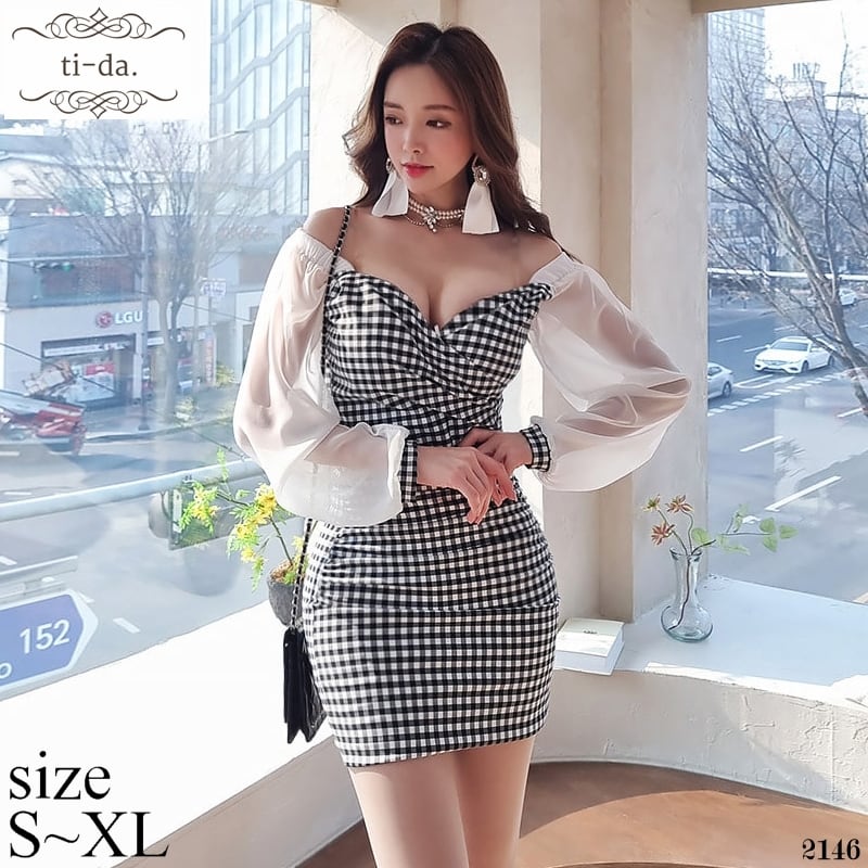 No 2146 韓国ワンピース きれいめワンピース 大人可愛いワンピース タイトワンピース ミニワンピース オフショルダーワンピース セクシー 透け感 ブラック チェック 長袖 レディース Ti Da 韓国ワンピース専門店