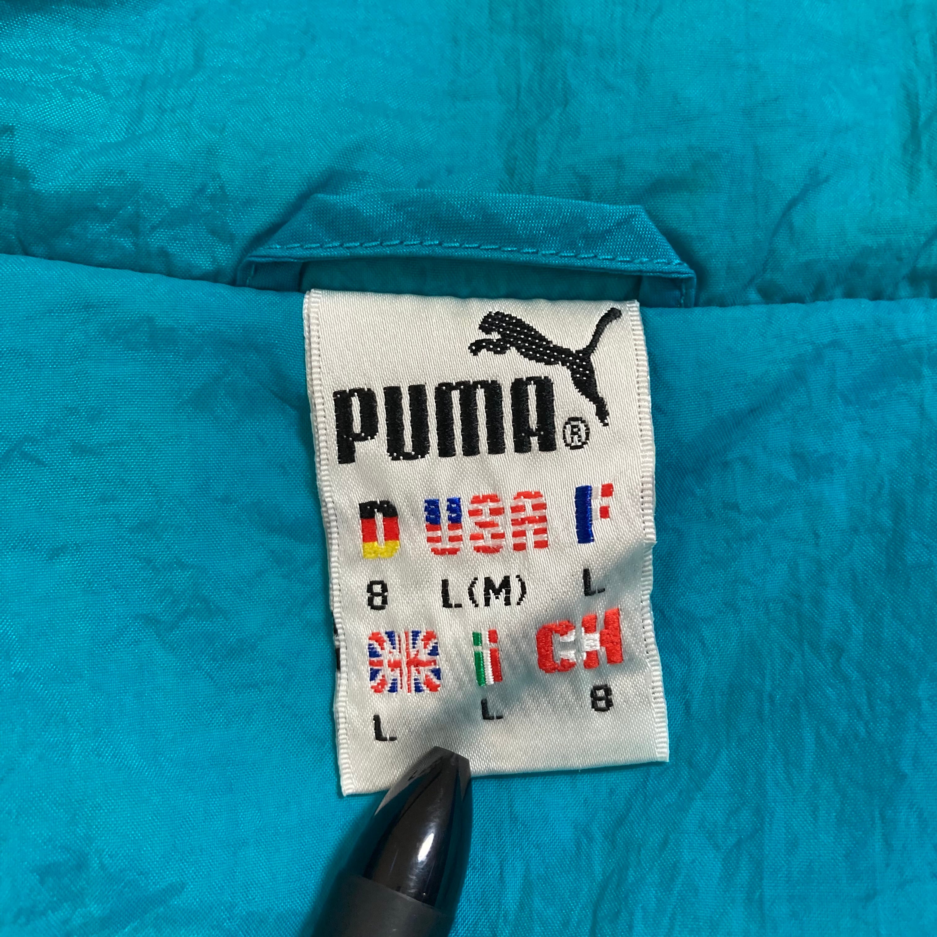 【PUMA】Nylon Jacket L 90s プーマ ナイロンジャケット 切替 刺繍ロゴ 襟ロゴ ノースウエストグリーン マリナーズカラー  アウター アメリカ USA 古着