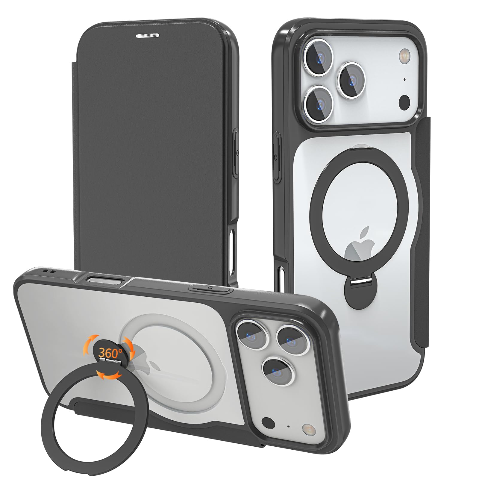 【磁気充電可・360度回転スタンド】smhokesu iPhone 18 Pro/17 Pro 用 ケース 手帳型 カード収納 MagSafe対応 リング付き 360°回転スタンド 縦横両対応 クリア仕様を引き継いだ手帳型 レザー素材 軽い 薄型 耐衝撃いphone 18 Pro スマホケース 全面保護 ア8マグセーフ対応 おしゃれ ブラック