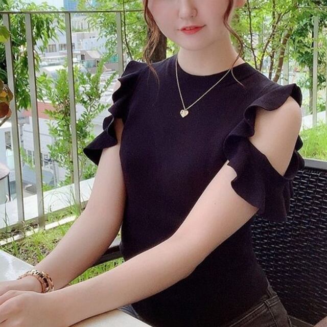 サマーニット トップス レディース フリル ガーリー かわいい 肩見せ ラッフル ブラック/ブルー/アイボリー