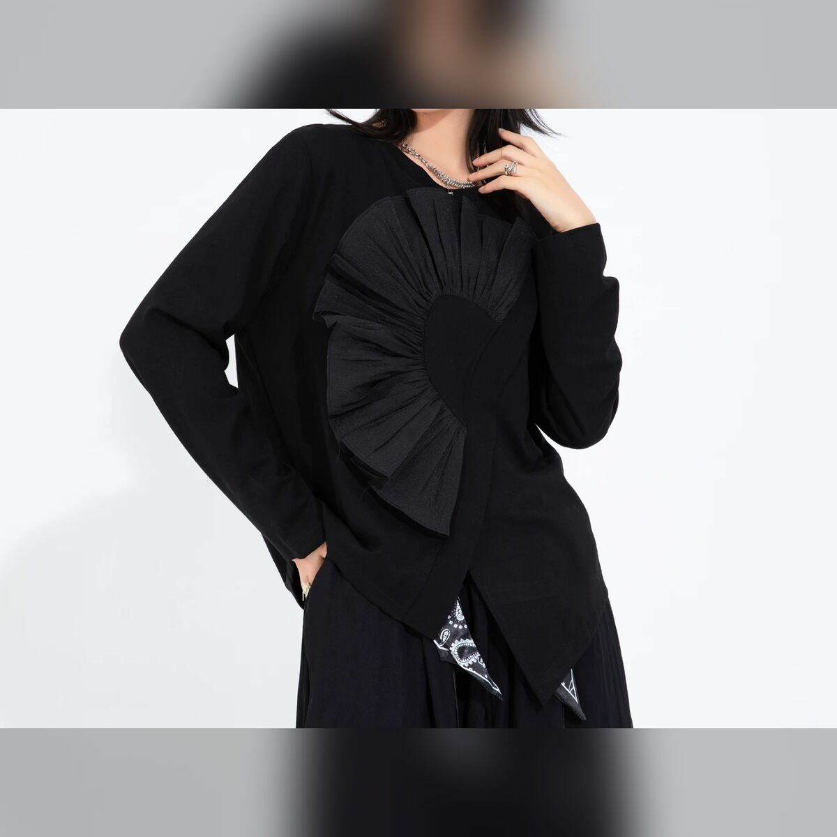 立体フラワー アシンメトリーヘム ロングスリーブ カットソー 3color PU0528