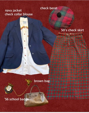 50's red×green check  skirt with belt