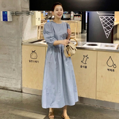 ワンピース レディース 大きいサイズ 春 秋 ロング丈 ロングスカート ドレス ラウンドネック 丸首 ブルー 青 無地 七分袖 ルーズ Aラインスカート ランタンスリーブ 10代 20代 大人可愛い