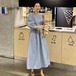 ワンピース レディース 大きいサイズ 春 秋 ロング丈 ロングスカート ドレス ラウンドネック 丸首 ブルー 青 無地 七分袖 ルーズ Aラインスカート ランタンスリーブ 10代 20代 大人可愛い