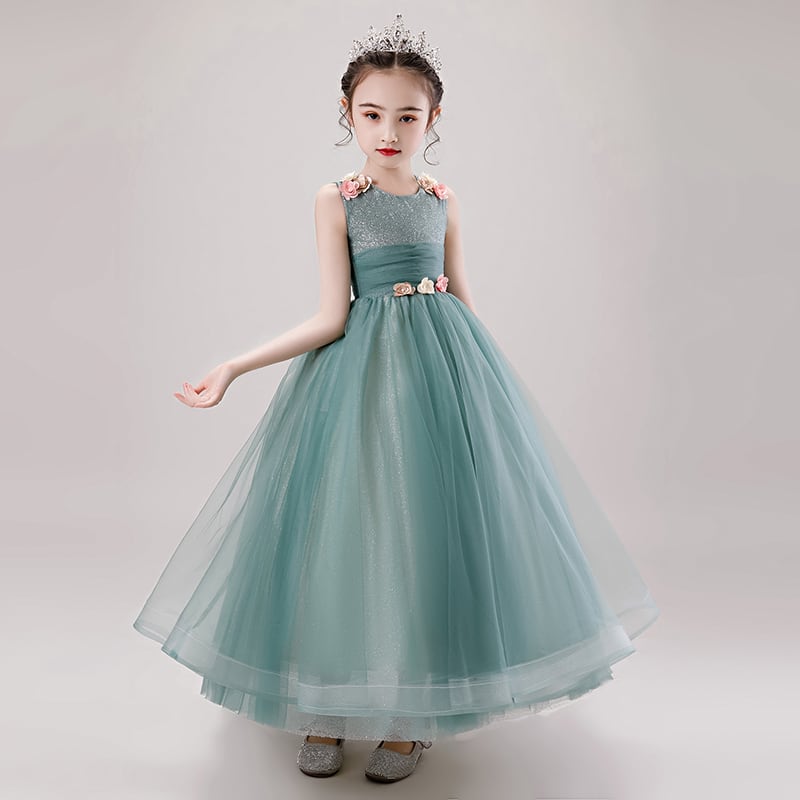 子どもドレス 子供ドレス キッズドレス 子供服装 演出装 舞台装 女の子 子供ワンピース 110 1 130 140 150 160 プレゼント 誕生日 花柄子供ワンピース ラウンドネック アップリケ チュール 花 グリーン 緑 Elegant