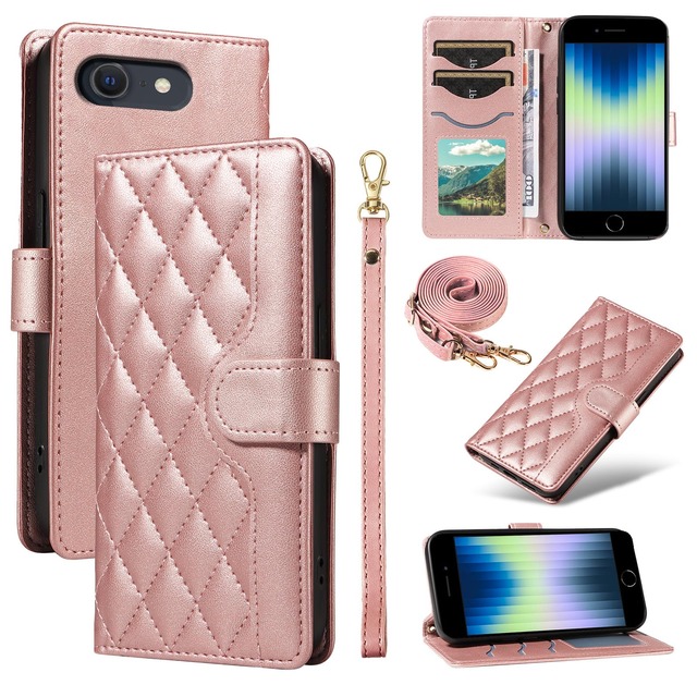 iPhone SE3 用 ケース 手帳型 通用 iPhone SE2, iPhone 6/6s/7/8 ケース 対応 iPhone SE 第3世代ケース ショルダー アイフォンSE ケース 手帳型 肩掛け 人気 財布型 カード収納 耐衝撃 ストラップ付き(ローズゴールド)