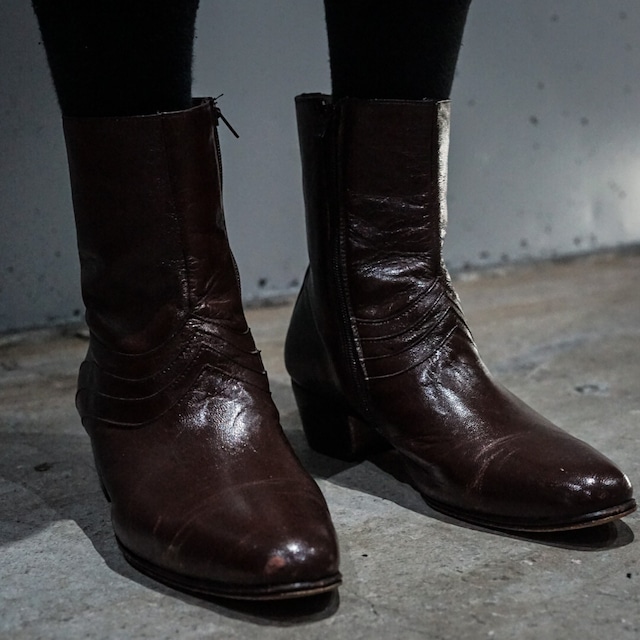 【add (C) vintage】Brown Leather Zip Up Heel Boots