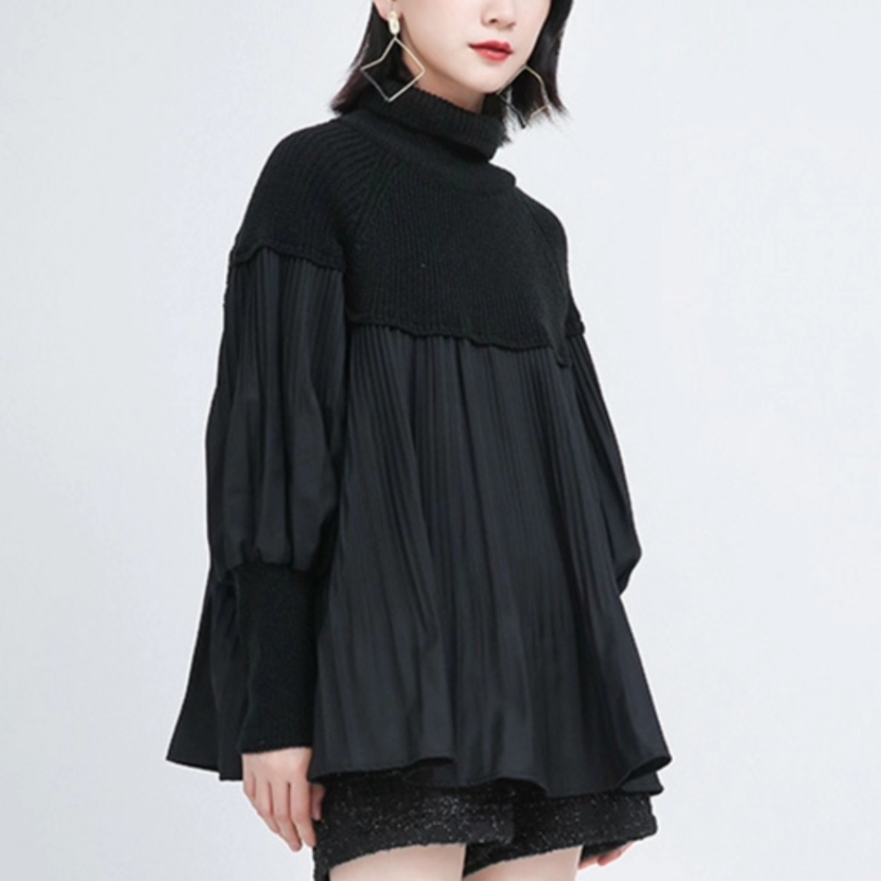 High-neck pleated knit sweater (ME013)