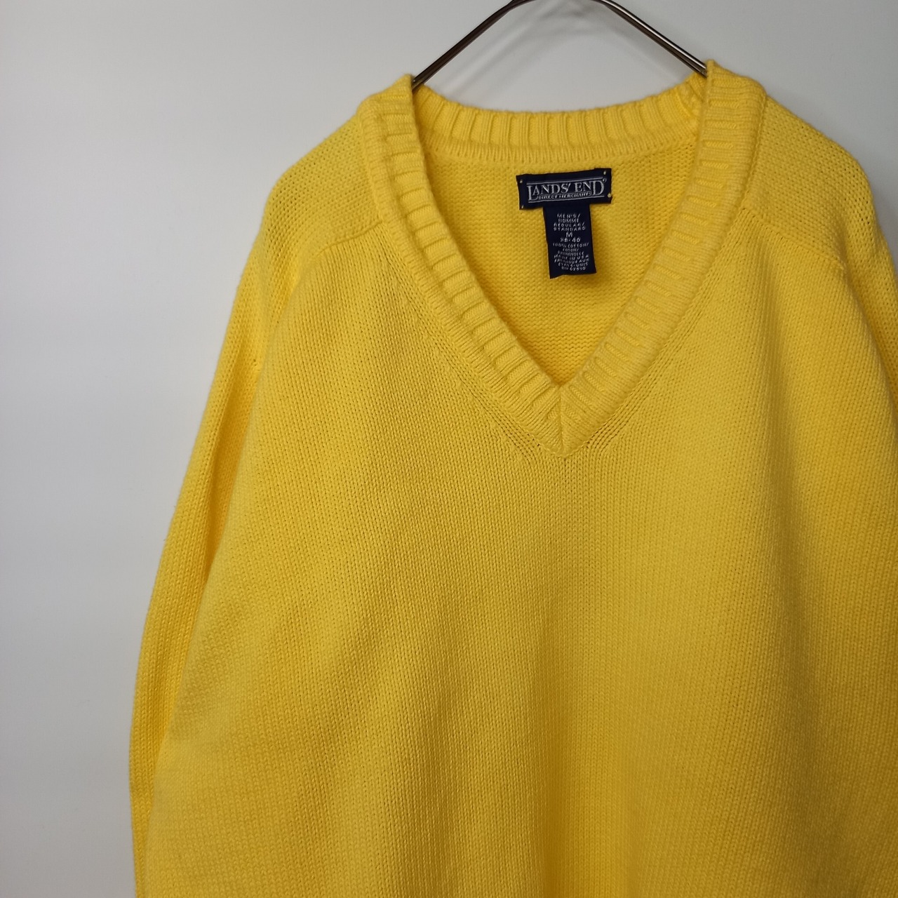 90s　アメリカ製　ランズエンド　Vネック　コットンニット　セーター　無地　中厚手　ミドルゲージ　イエロー　M
