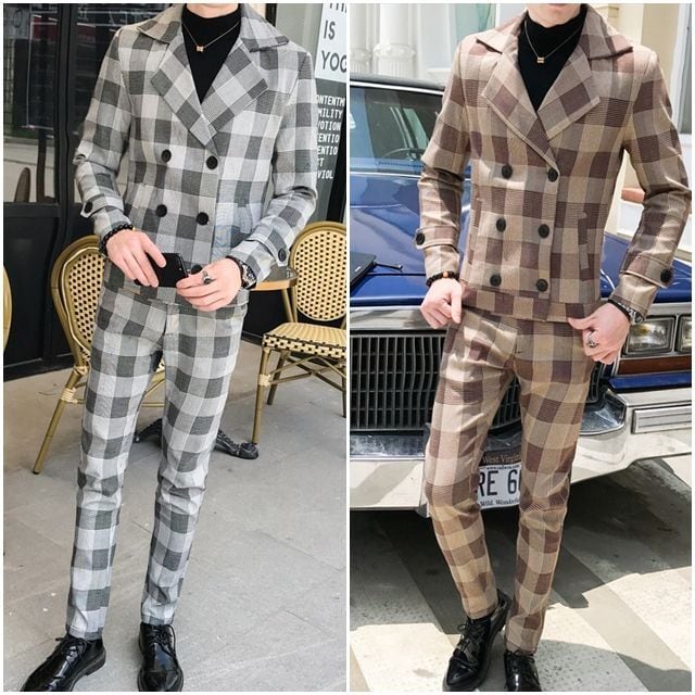 【予約販売】メンズ スーツ チェック柄 シック スリム ダブル 男前 ジャケット グレー ベージュ パンツ セット セットアップ パーティ パーティー 二次会 同窓会 結婚式 韓国 トレンド M/L/XL/2XL/3XL