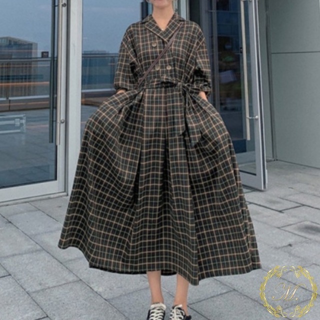 チェック柄ワンピース ウエスト細見え 美シルエット ロングワンピース 秋冬コーデ バーバリー風 レディースファッション通販 スタイルアップ服 M エムドット 30代大人女子向けの大人可愛いを集めたセレクトショップ