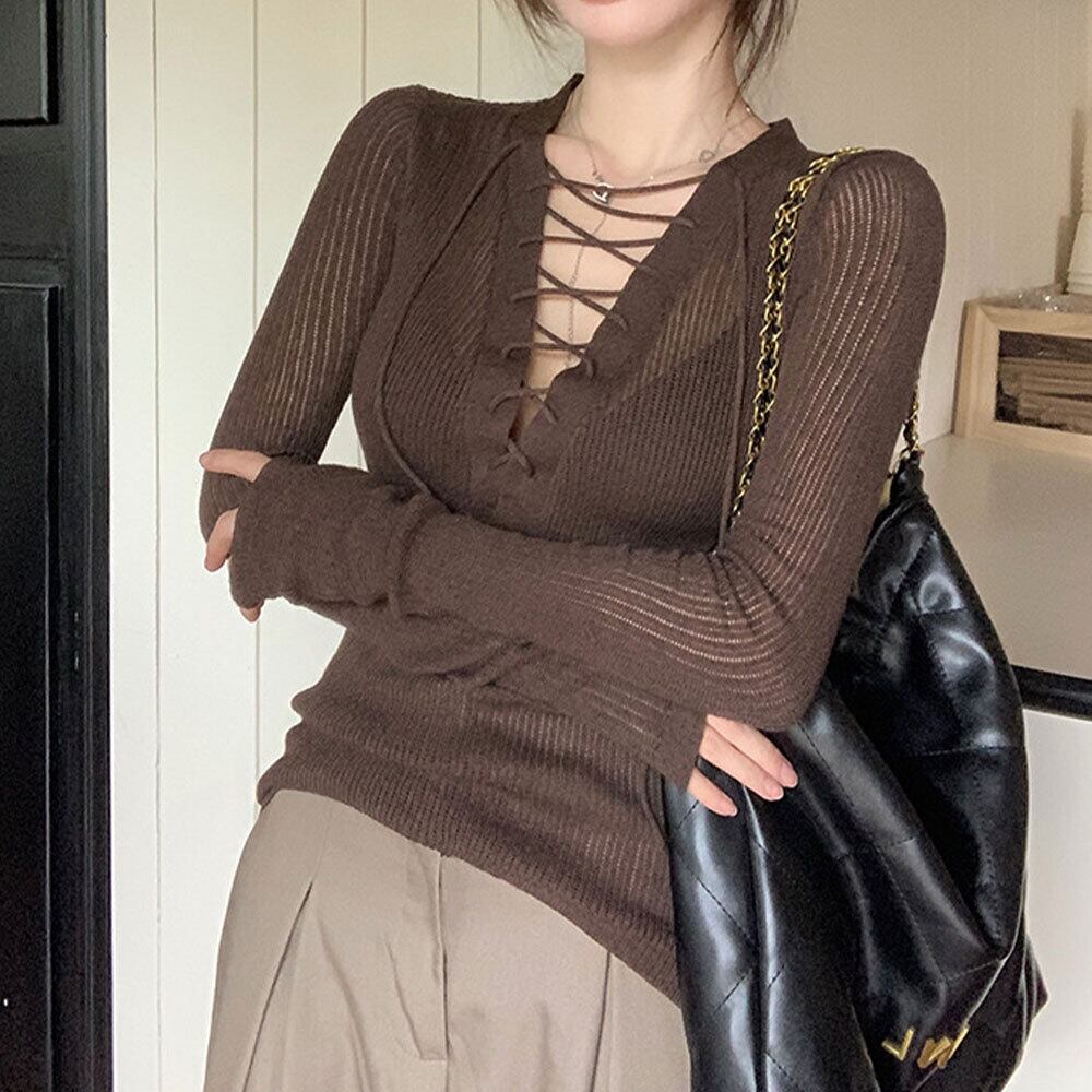 【送料無料】 Vネック レースアップ ニット トップス 長袖 レディース 春秋 韓国 肌見せ きれいめ 大人 かわいい おしゃれ 薄手 透け感 大人可愛い 大人女子