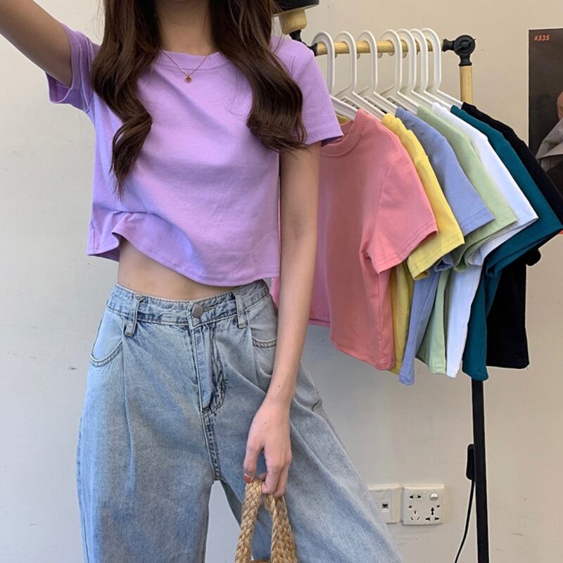 オータムウィンタースリムソリッド カラーショートTシャツ 薄手トップス サマー 夏物 秋物 冬物 ソリッドカラー 試着室93776090794